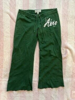 Aeropostale Women’s L Green Sweatpants Wide Leg Raw Hem Y2K Logo Pants